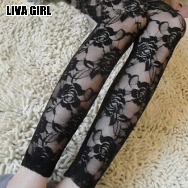 Liva Girl Sexy Fresh Cool Summer Women Rose Lace Sexy Leggings Hollow Slim Elastic Pants Black White Casual Leggings Female