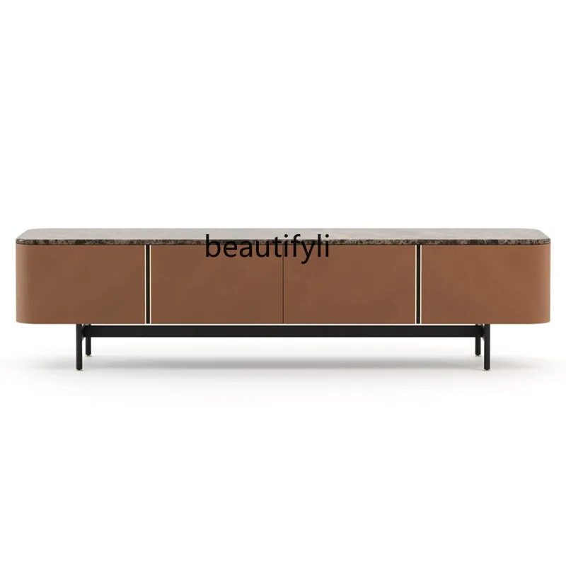 

Smoked oak TV cabinet Modern light luxury imported saddle leather living room marble surface low cabinet