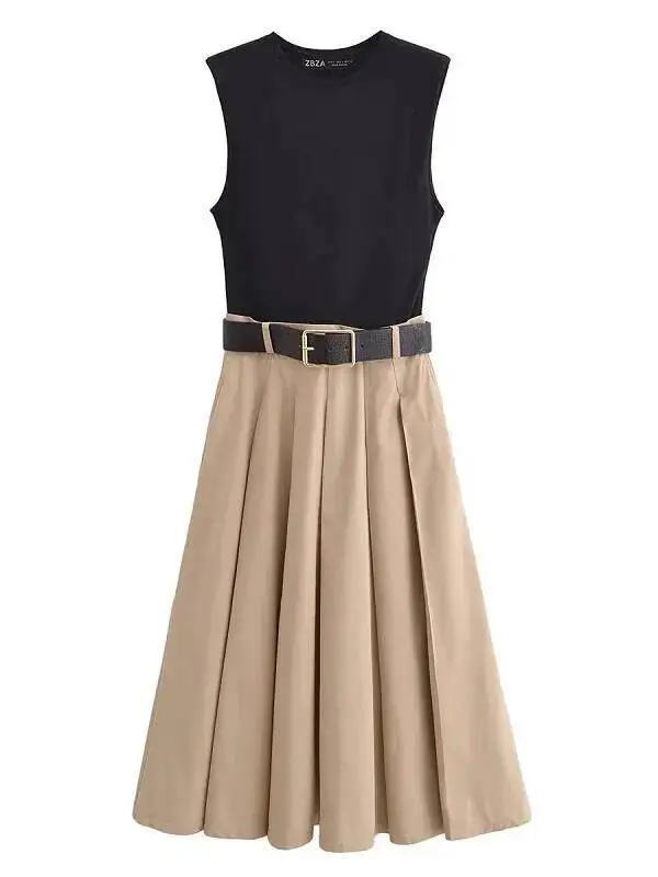 2025 mulher vestidos cinto plissado midi vestido feminino sem mangas vestido de verão mulher vestidos de festa de malha para mulher vestido de verão gzu0