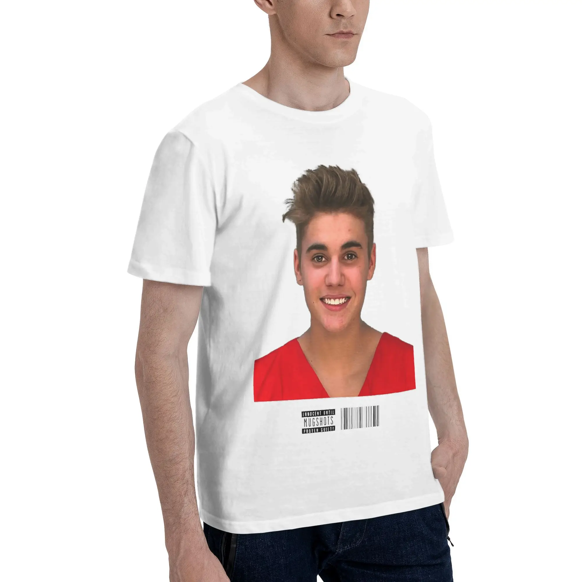 Justins BIEBERS Mugshot  T Shirt  Harajuku T Shirts Short Sleeve Vintage Tops Beach Pure Cotton Breathable Plus Size Tees