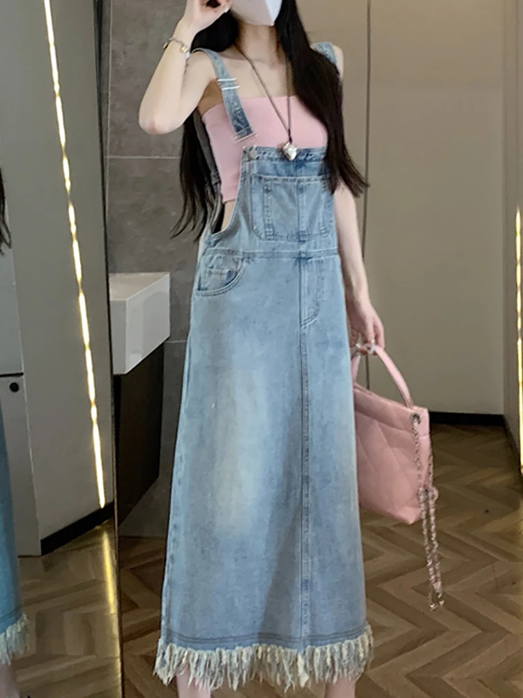

Summer New Korean Denim Suspender Dress Women Leisure Pockets Tassel Length Overall Dress Trendy Ladies Strap Dress