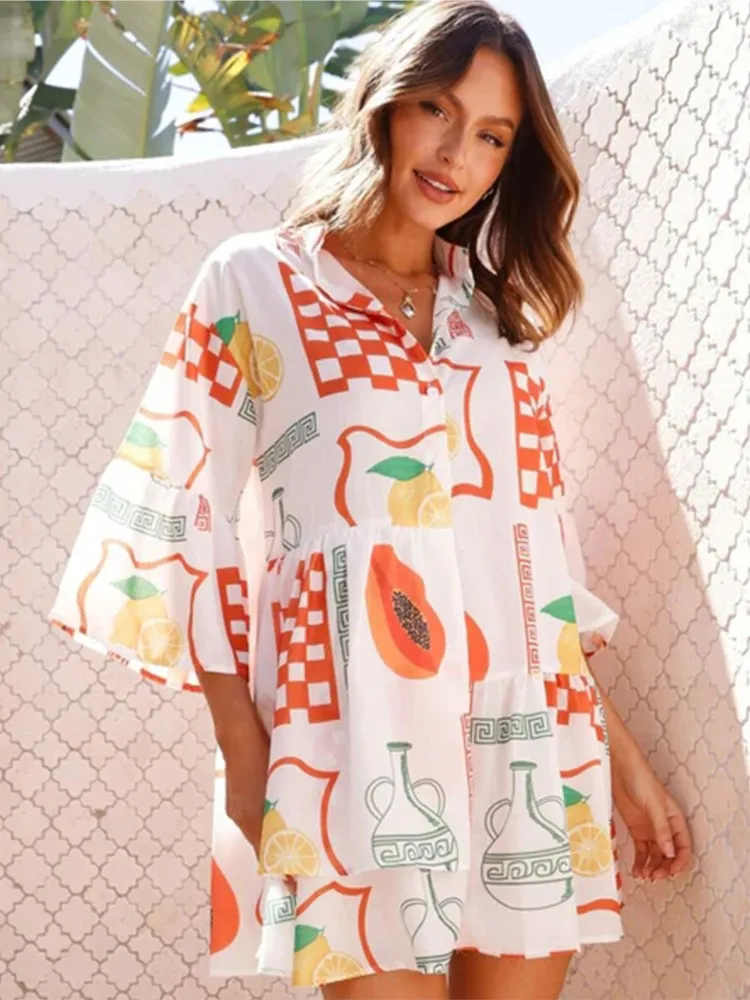 

Bohemian Midi Dress New Comfortable and Simple Flared Sleeve Ethnic Style Casual Loose Shirt Short Dress Elegant Mini Dressess