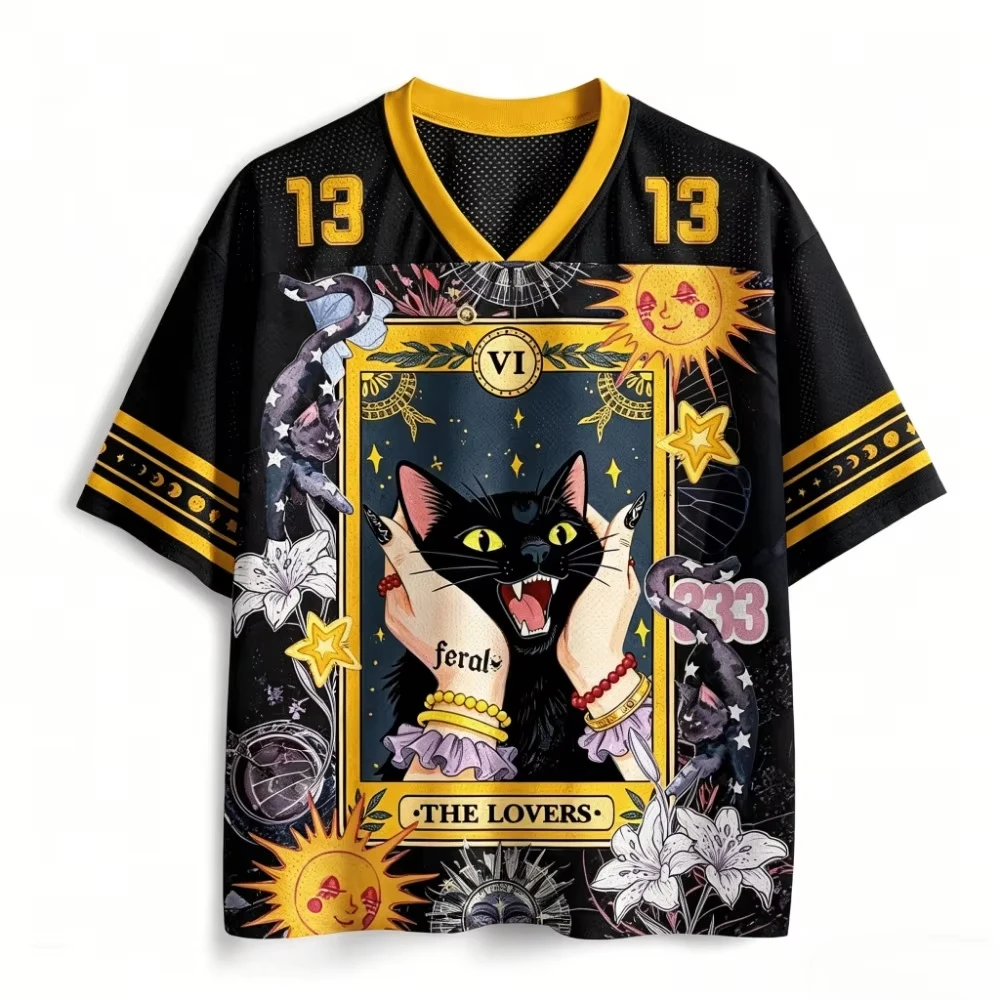 Tarot Cat The Lovers Mystic Graphic Mesh Jersey V Neck Short Sleeve Loose Unisex Streetwear Sports Tee For Men Women
