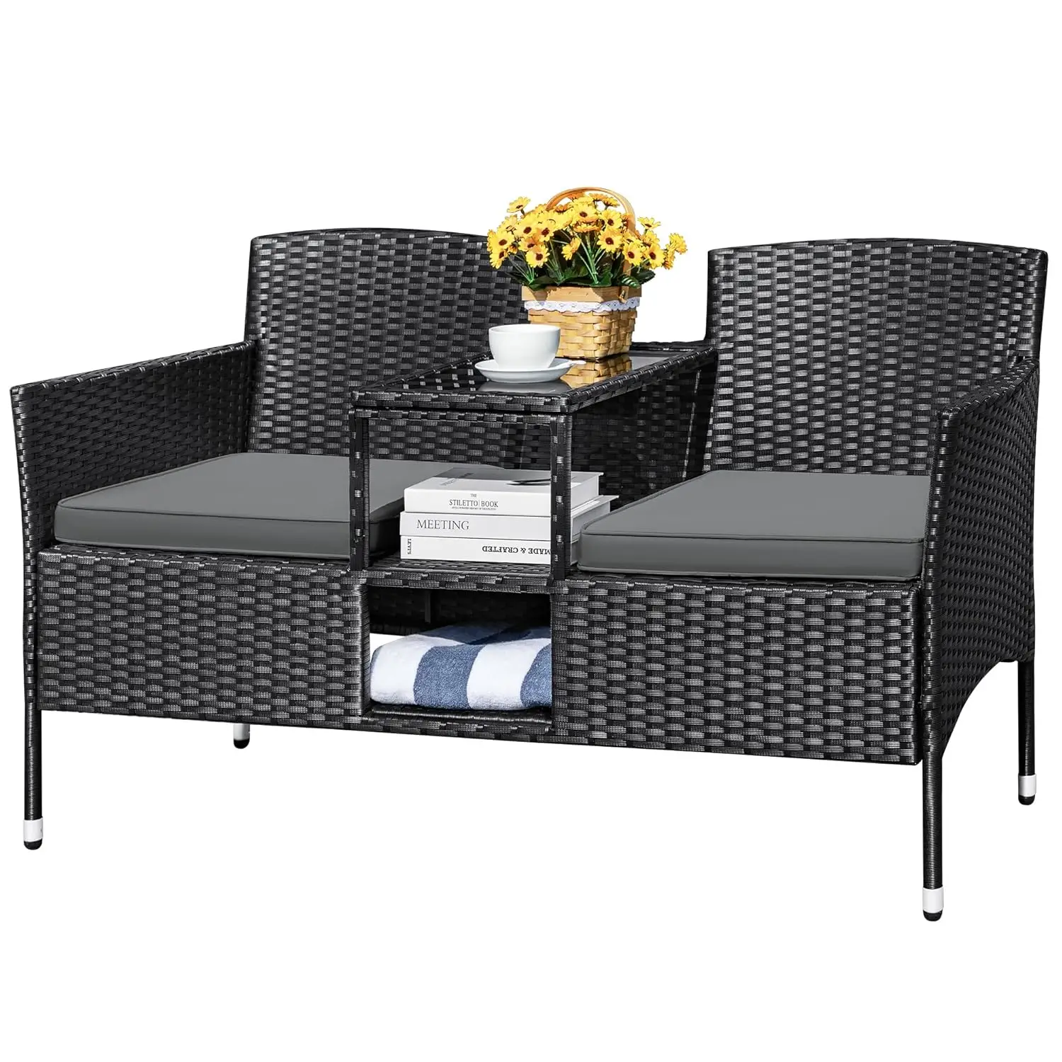 Outdoor Patio Loveseat Modern Rattan 2-Seat Patio Conversation Set with Cushions & Built-in Coffee Table Porch, Custom