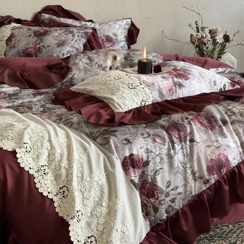Vintage French-style Rose Print Lace Ruffle Bedding Set 1000TC Egyptian Cotton Duvet Cover Flat/Fitted Bed Sheet Pillowcase 4Pcs
