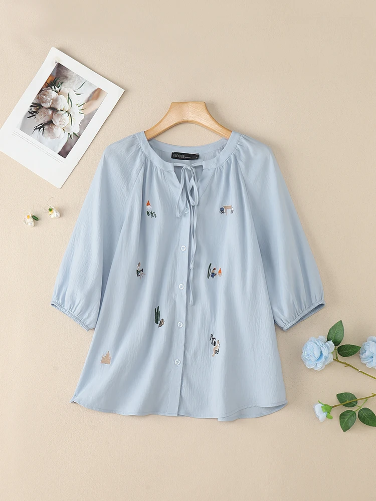 قميص مكتب صيفي من ZANZEA لعام 2025 بلوزة مطرزة برقبة دائرية ملابس علوية فضفاضة للسيدات بلوزات أنيقة بأكمام قصيرة للعمل