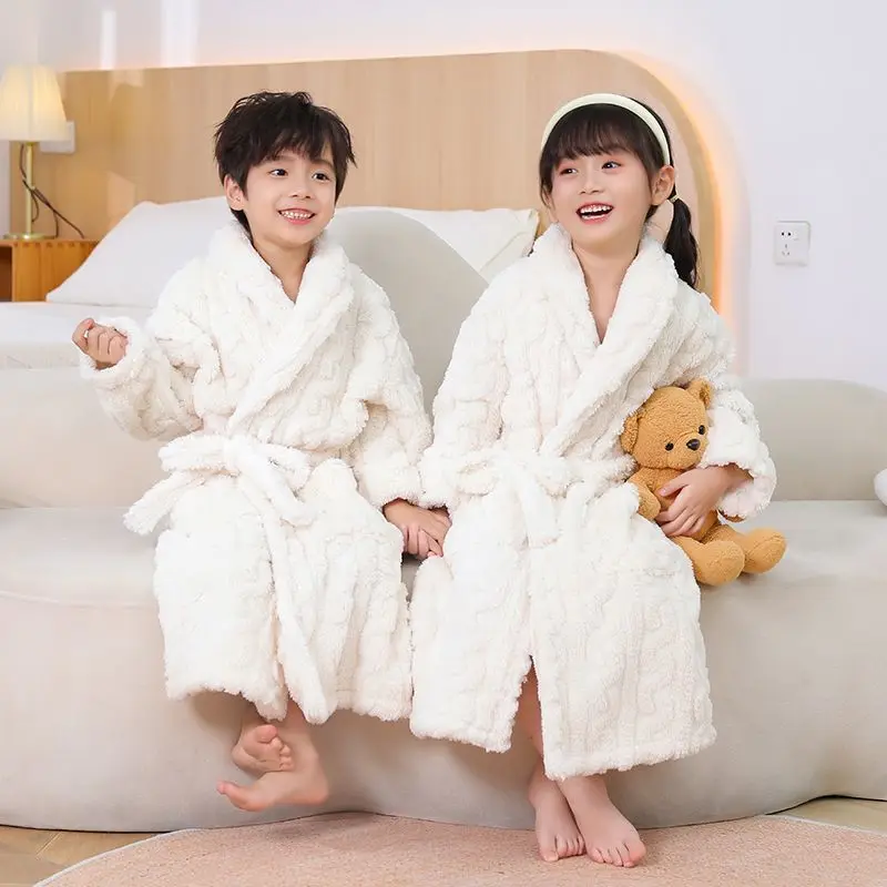 Teenage Boys Flannel Bathrobes Fashion Children Pure Color Thicken Warm Sleepwear Girls Fluffy and Soft Skin Friendly Homewear