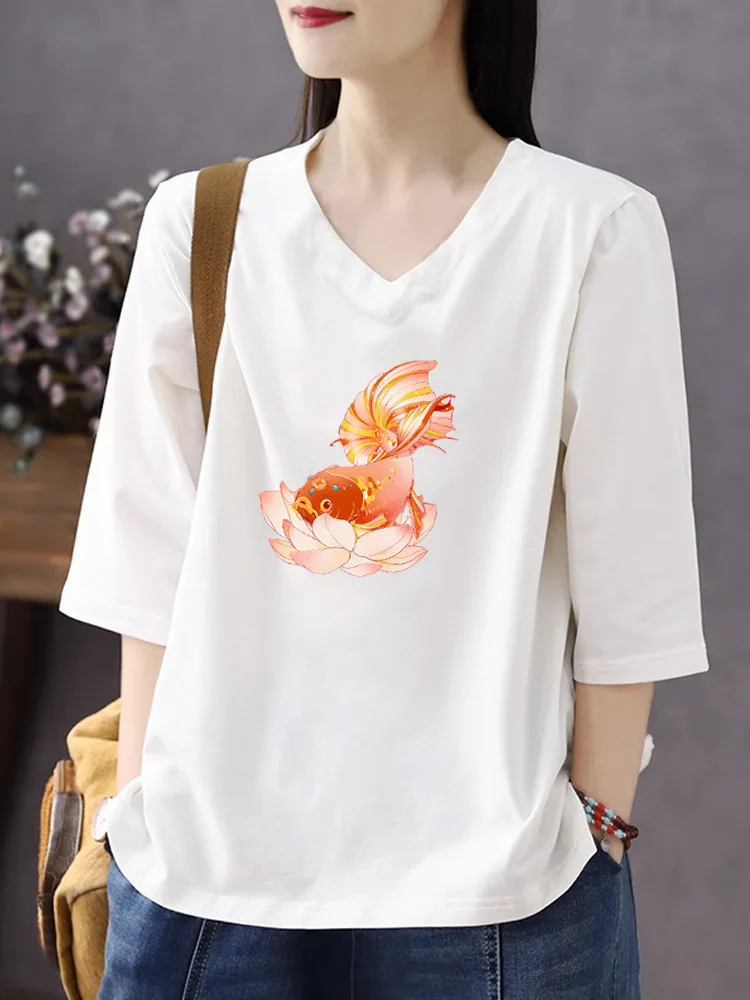 

Women's Cotton V-Neck 3/4 Sleeve T-Shirt Slimming Artistic White Top Large Size Autumn Winter New Style Comfortable Breathable
