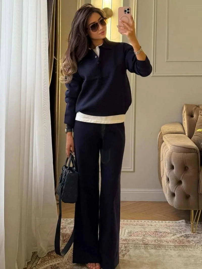 Modische Strick-2-Teiler-Sets Damen-Outfit Herbstkleidung Damen 2026 Polokragen-Pullover Lange Hose Anzug Strick-Damen-Sets