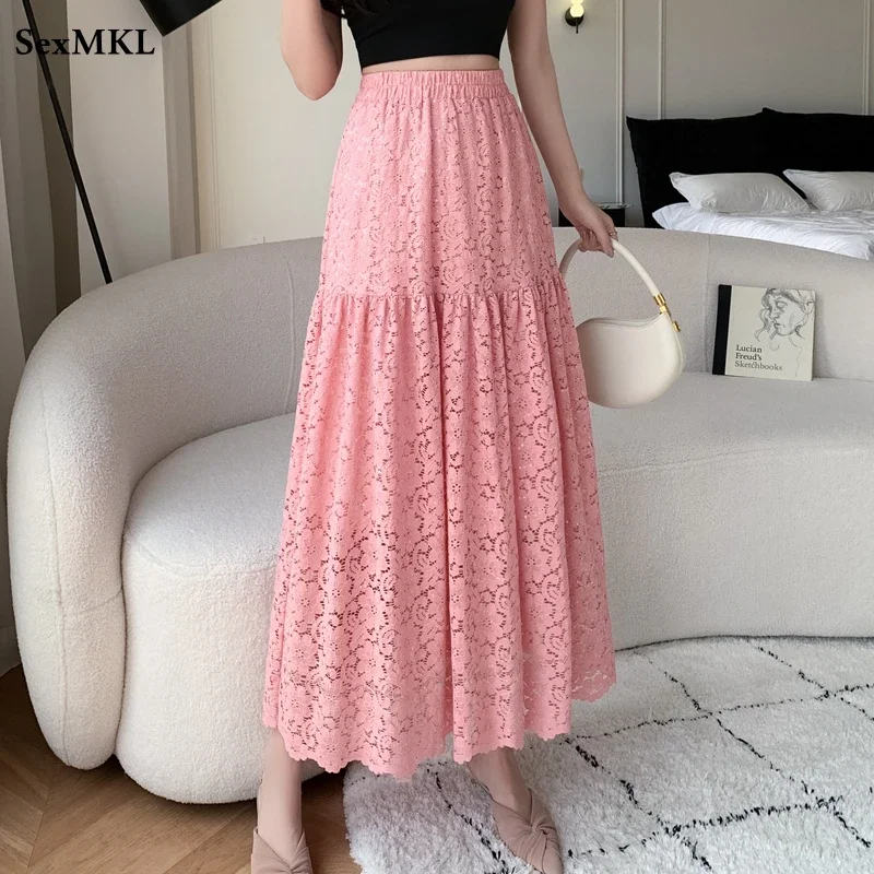 

Vintage A Line Black Skirts Women 2024 Summer Korean Fashion Clothing Casual Faldas Elegant High Waist White Lace Long Skirt