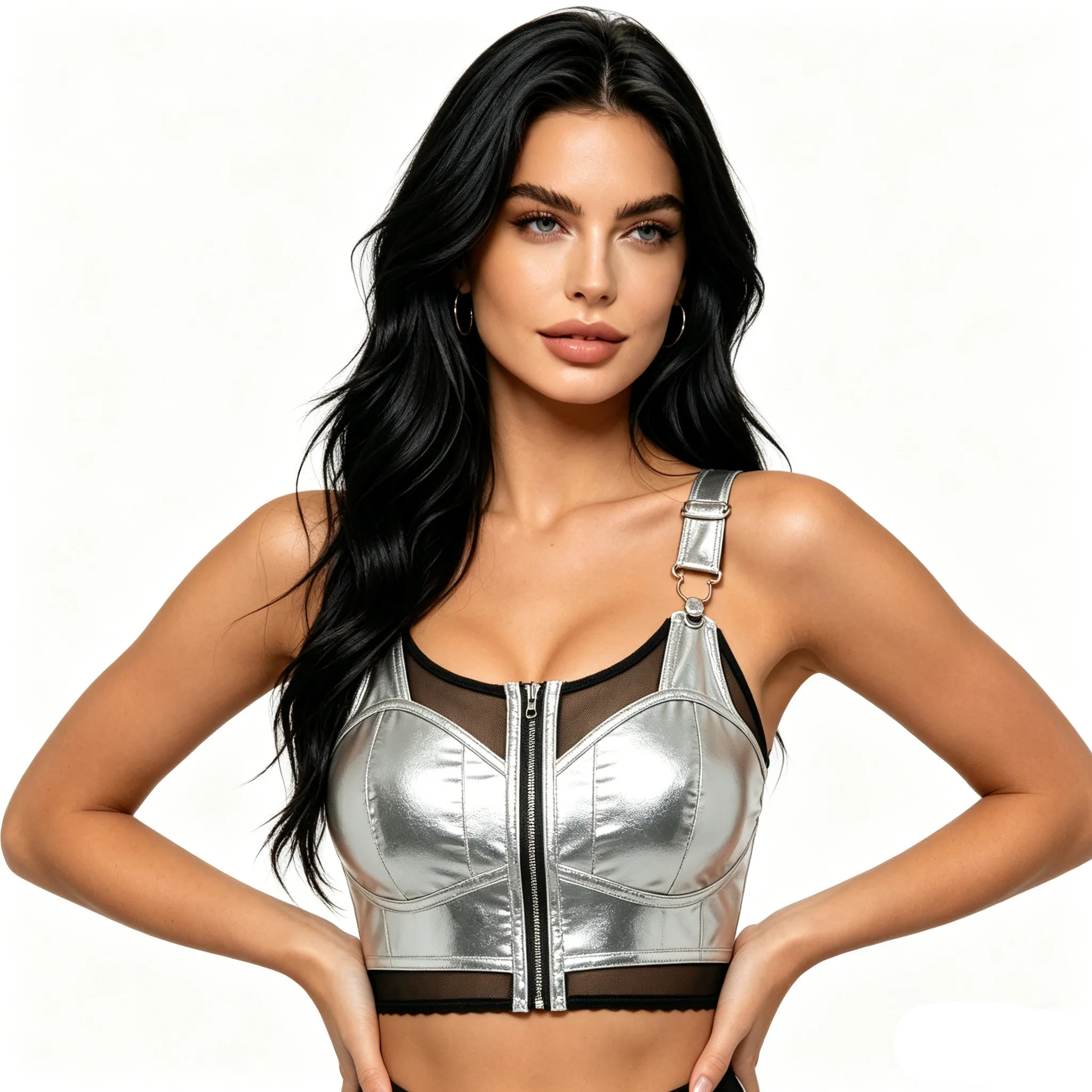 

Women Metallic Shiny Punk Style Vest Jazz Dance Costume Rave Clubwear Sheer Mesh Adjustable Straps Zipper Cutout Crop Tank Top