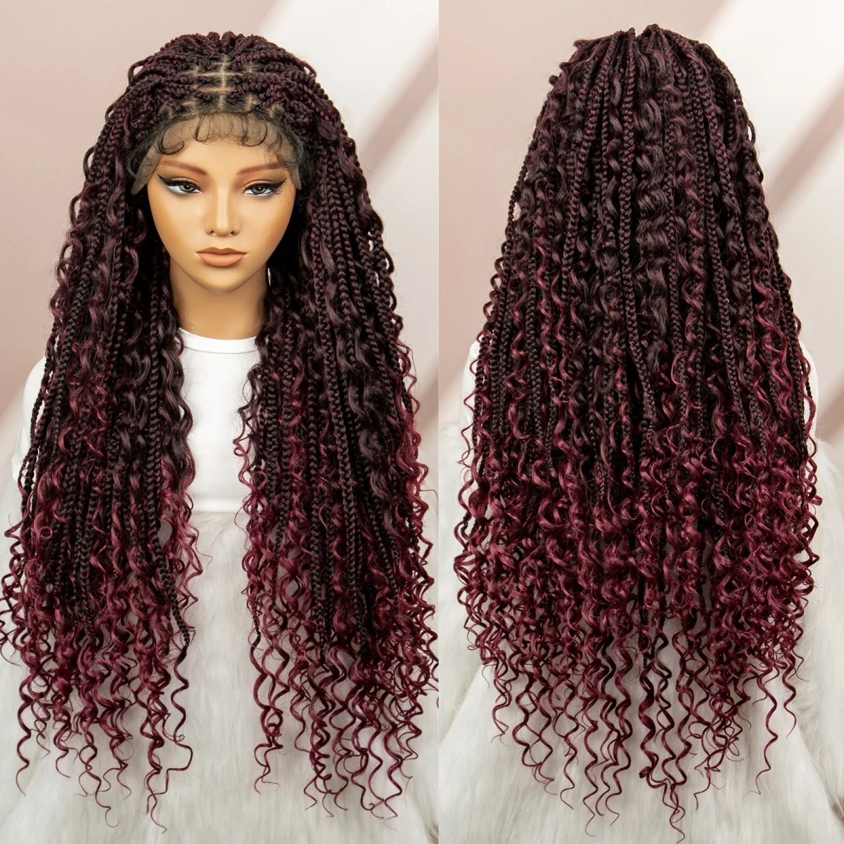 32inch Synthetic Knotless Box Braided Wigs Bohemian Boho Braids Wigs Lace Front Braided Lace Wigs with Baby Hair for Black Women