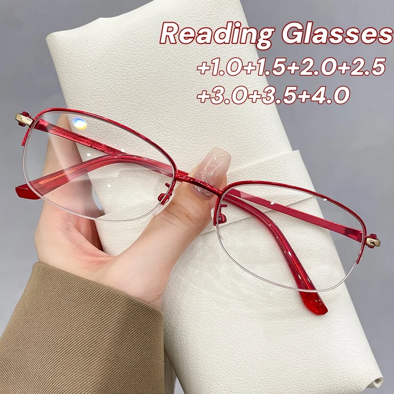 

New Fashion Metal Half-frame Reading Glasses Ultralight High-definition Blue Light Blocking Presbyopia Glasses for Women and Men