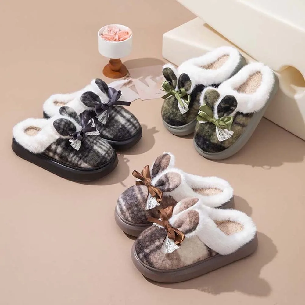 

Мягкие хлопковые тапочки в клетку с заячьими ушками, пушистые шлепанцы, Нескользящие зимние теплые тапочки, утепленная теплая домашняя хлопковая обувь из ЭВА, вечерние