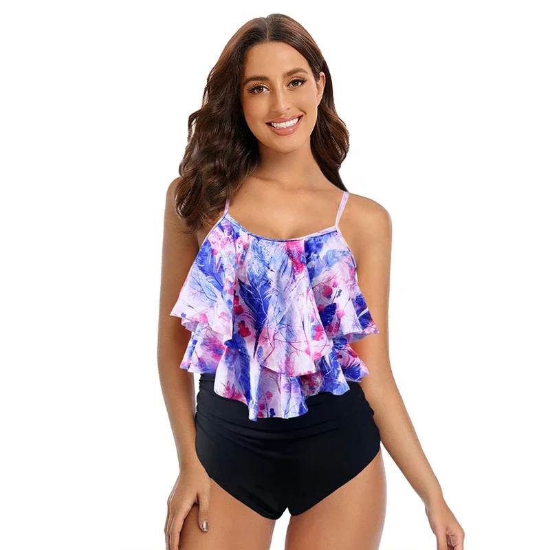 Ensemble tankini à volants pour femmes, haut rembourré avec bretelles ajustables, élastique, slim, taille haute, vêtements de plage, 8 couleurs, 2024