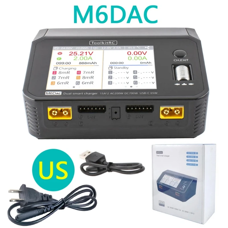 M6dac Dual Channel Smart Charger AC 200W DC 350W×2 15A for 1-6S LiHV Lipo Battery with PD 65W Output