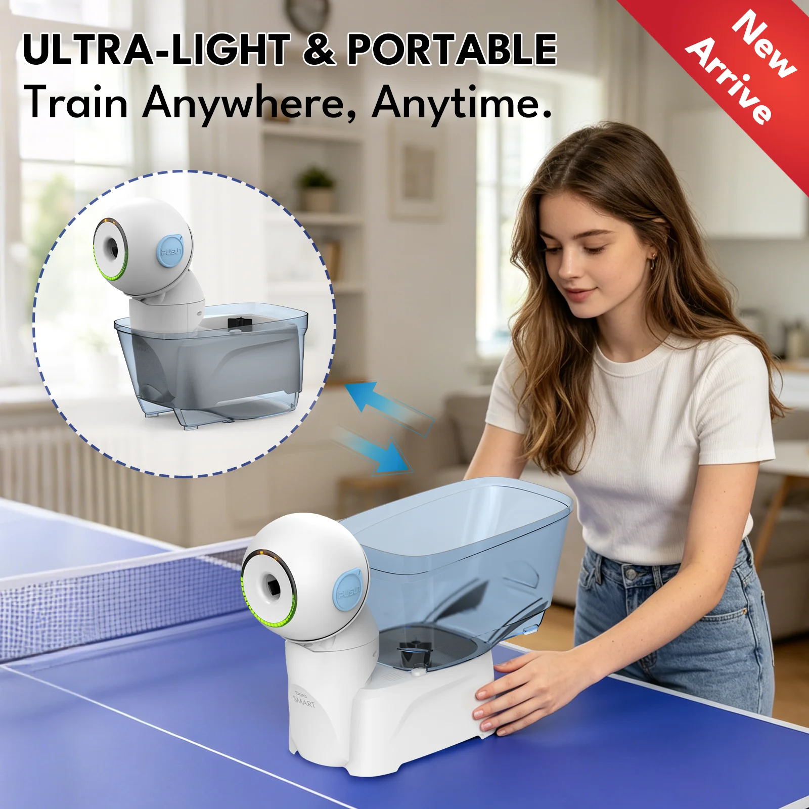 Dora Smart Pro Table Tennis Robot–Desktop Ping Pong Ball Machine with Remote & App Control, 200+ Pre-Saved Training Drills