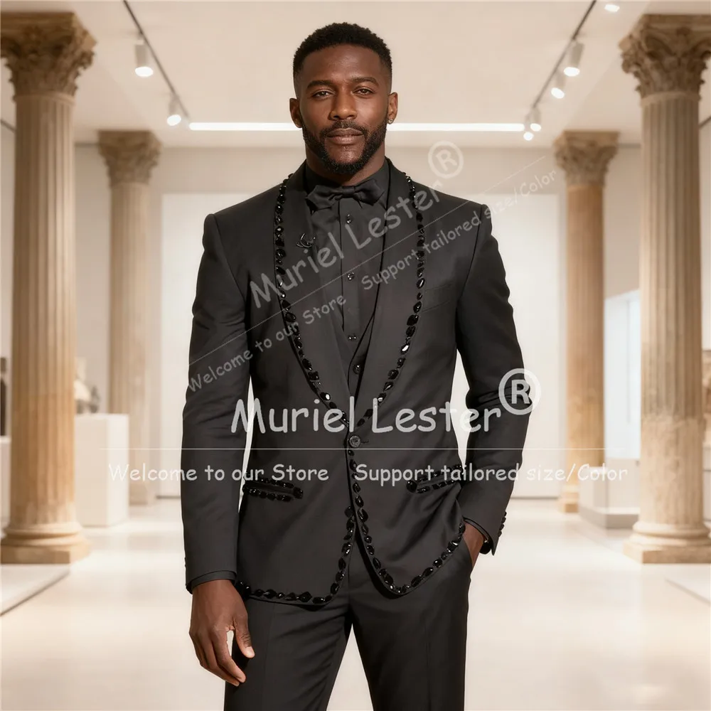 

Luxury Jewelry Stones Suit Attire For Men Shawl Lapel Groom Blazers Customized 2 Pieces Sets Man Business Party Wedding Tuxedos