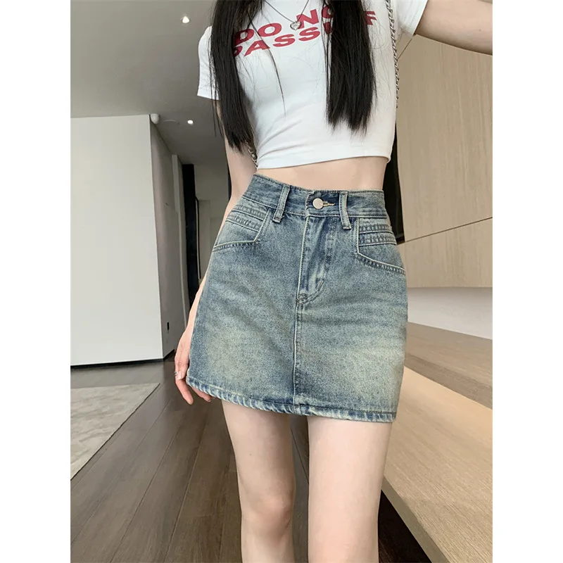 

Retro Dark Short A Word Denim Skirt 2024 Spring New Y2K Vintage Women Korean High Belt Mini Skirts High Waist Jean Short Dress