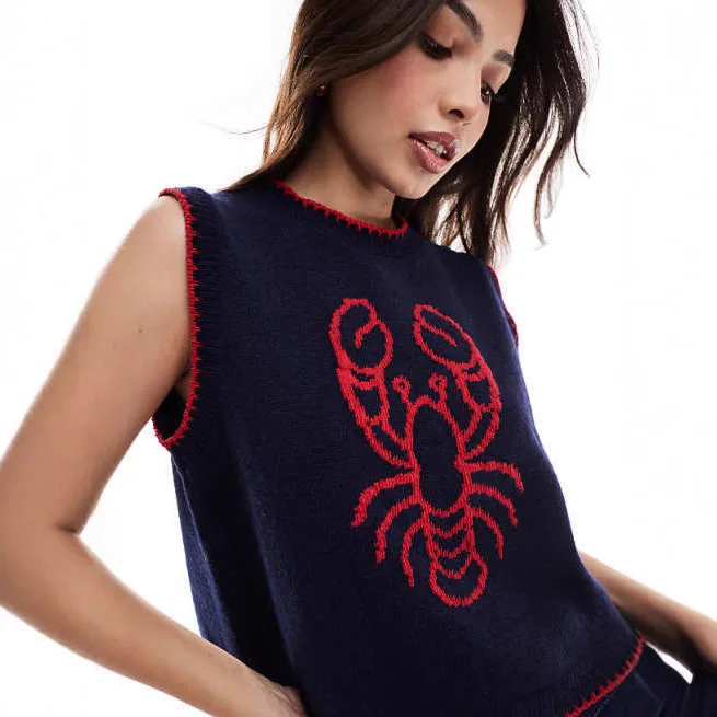 

Women Sweater Vest Print Pullover Knitting Top Sleeveless Round Collar Knitted Waistcoat Vintage Knitwear Autumn Winter 2025