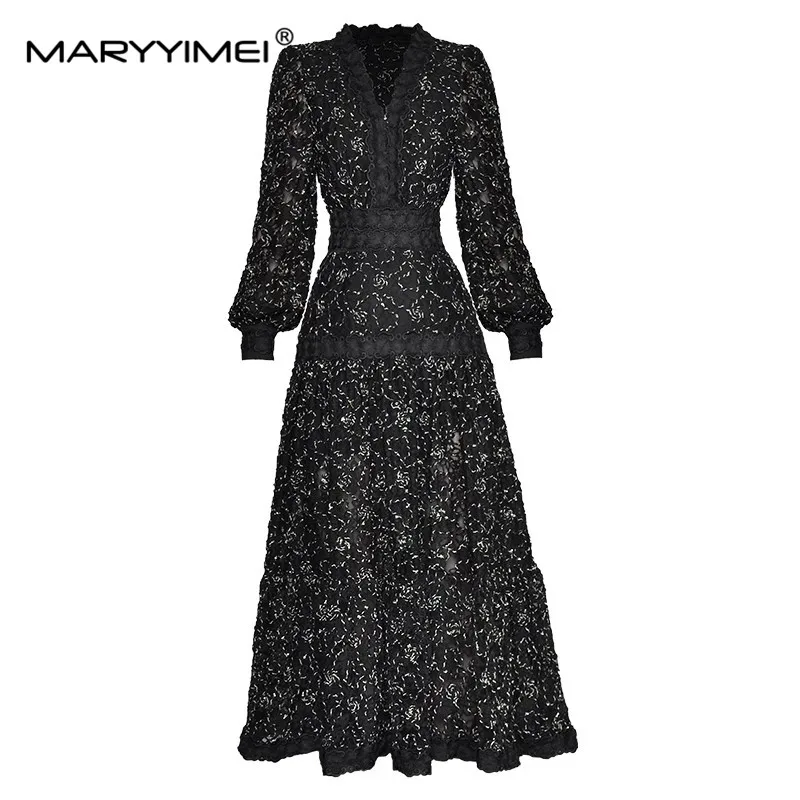

MARYYIMEI Fashion Runway Black Dress Women V-neck Lantern sleeve Hollow out Embroidery Vintage Party Long Dress