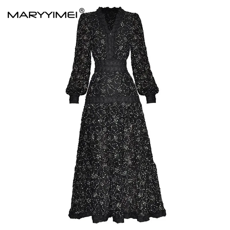 MARYYIMEI Fashion Runway Black Dress Women V-neck Lantern sleeve Hollow out Embroidery Vintage Party Long Dress