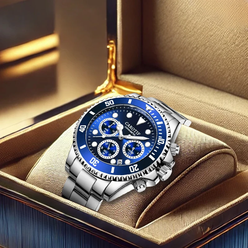 Un orologio al quarzo multifunzione da uomo con cinturino in acciaio argentato e quadrante minimalista