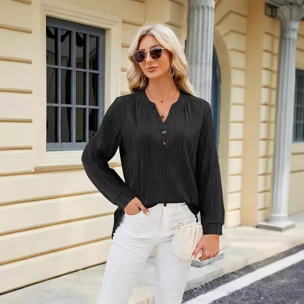 Wiosenno-letnia nowa, jednokolorowa koszula damska z dekoltem w szpic i zapinana na guziki