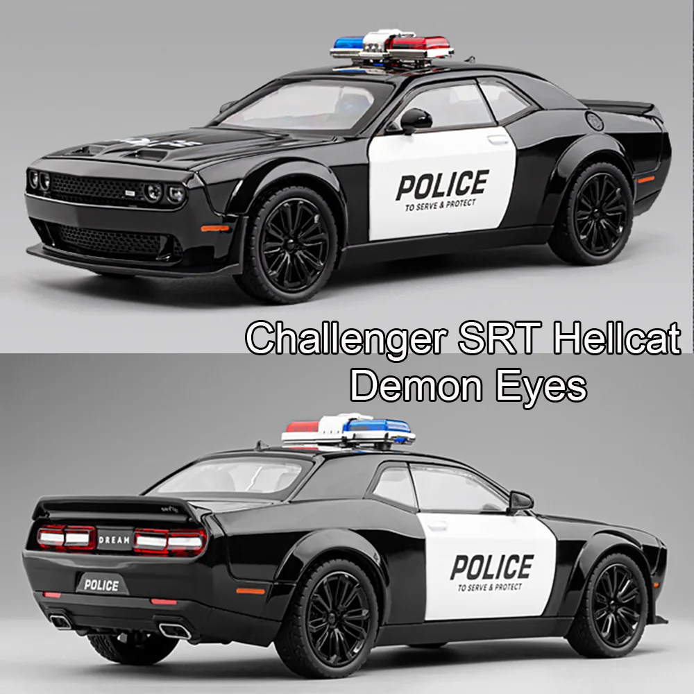 1:22 Alloy Diecast Challenger SRT Hellcat Police Cars Model Toys Demon Eyes 4 Doors Opened with Sound Light Toy Vehicle for Boys