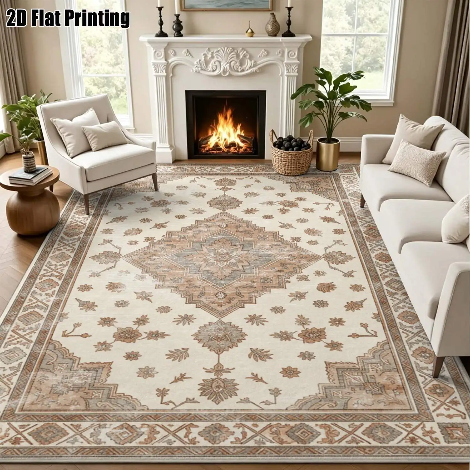 1Pc 2D Printed Retro Beige Floral Geometric Carpet: European Vintage Floor Mat, Bohemian Rug, Home Decor, Multi-Size, Machine Washable, Suitable for Entrance, Dining, Foyer, Bedroom, Living Room