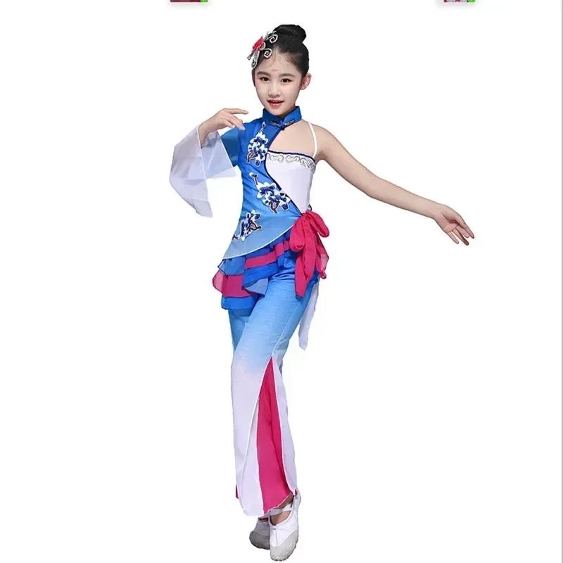 chiffon chinese traditional yangko dance costumes for girls classic fan fairy dance clothes kindergarten stage performance