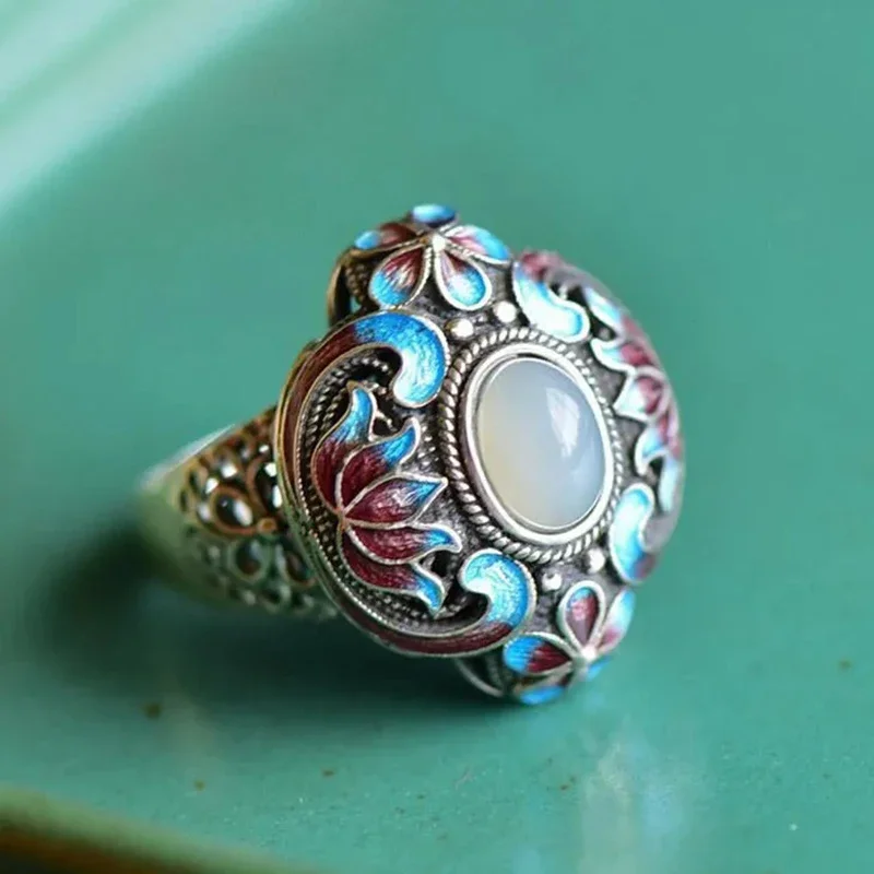 

Designer Original Craft Inlaid Enamel Porcelain Lotus Natural Chalcedony Adjustable Ring Ethnic Classic Ladies Jewelry