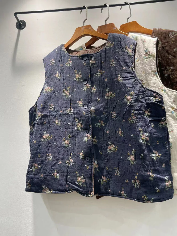 Chaleco de algodón Thiened para mujer de invierno con estampado Floral versátil Jaet redondo Ne cierre de un solo botón algodón 00% Faionable
