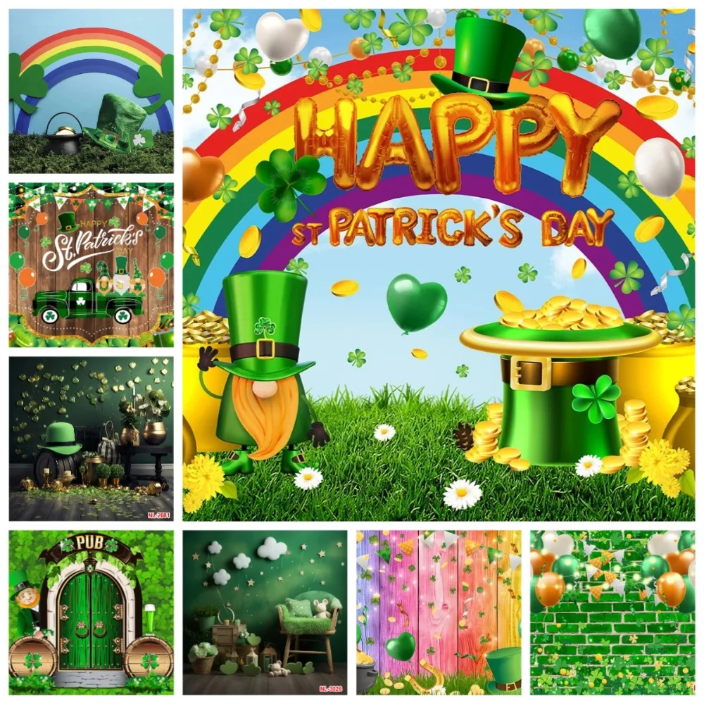

St. Patrick's Day Sparkling Green Clover Theme Backdrop, Lucky Clover Children's Birthday Party Decoration Photography Backdrop