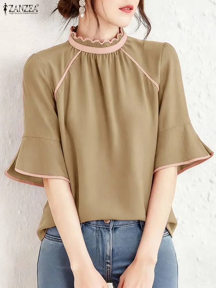 2025 ZANZEA بلوزة صيفية أنيقة للنساء OL قميص عمل غير رسمي مرقع بلوزات نسائية برقبة واقفة نصف كم #3