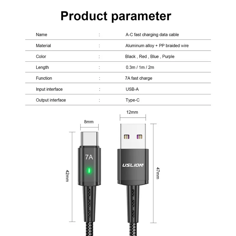 7A USB Type C Cable Quick Charge Wire For Samsung S23 S22 Xiaomi Mobile Phone Fast Charging USB C Cable Type C Charge Data Cord