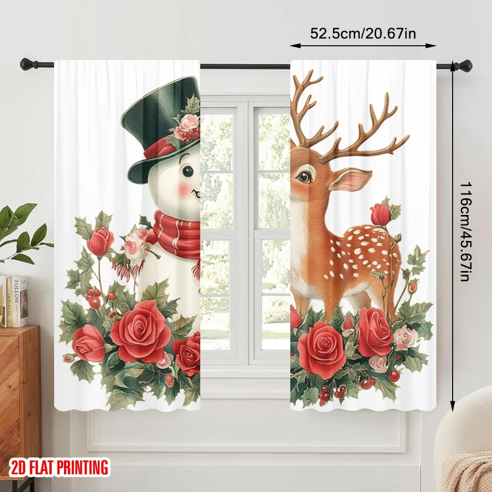 2pcs,2D plane printing Popular Curtains Cute Snowman Deer Roses (2) Versatile Polyester Fabric (without rod) Outdoor Decorations