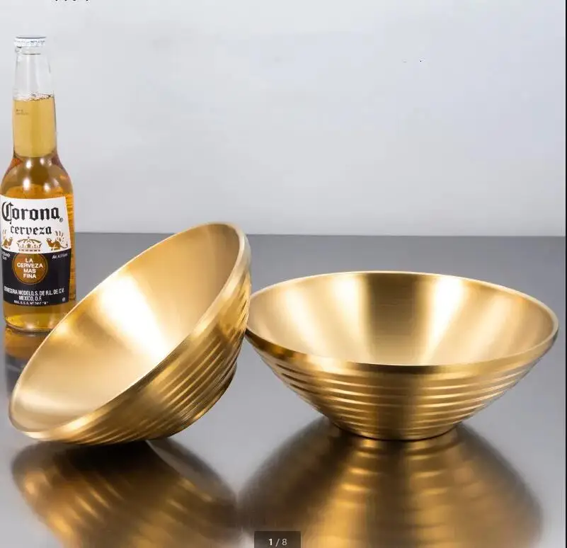 

Золотая двухслойная миска из нержавеющей стали, противоожоговые металлические миски для лапши, тарелка с фруктами, блюдо для салата, супа