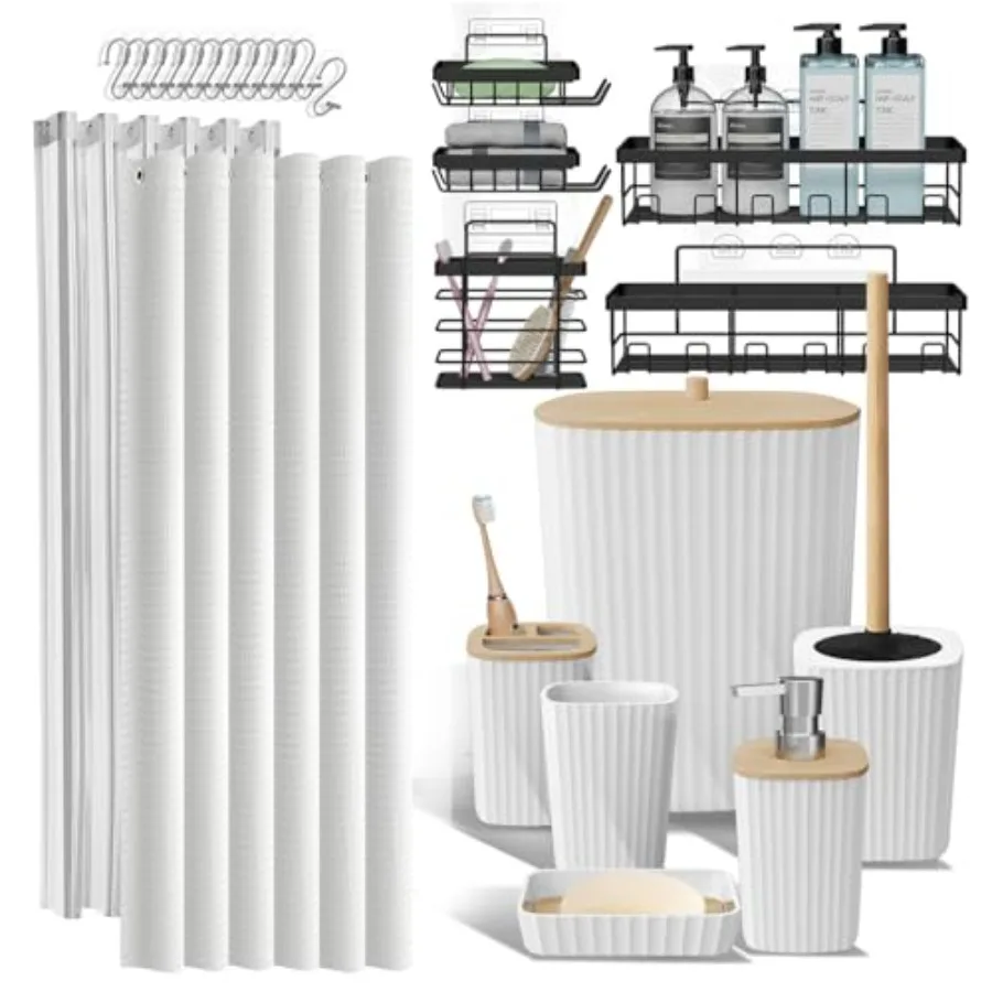 

Bathroom Accessories Set - Bathroom Set with Adhesive Corner Shower Caddy Hanging 25PC Bathroom Accessory Set Shower Curtain Se
