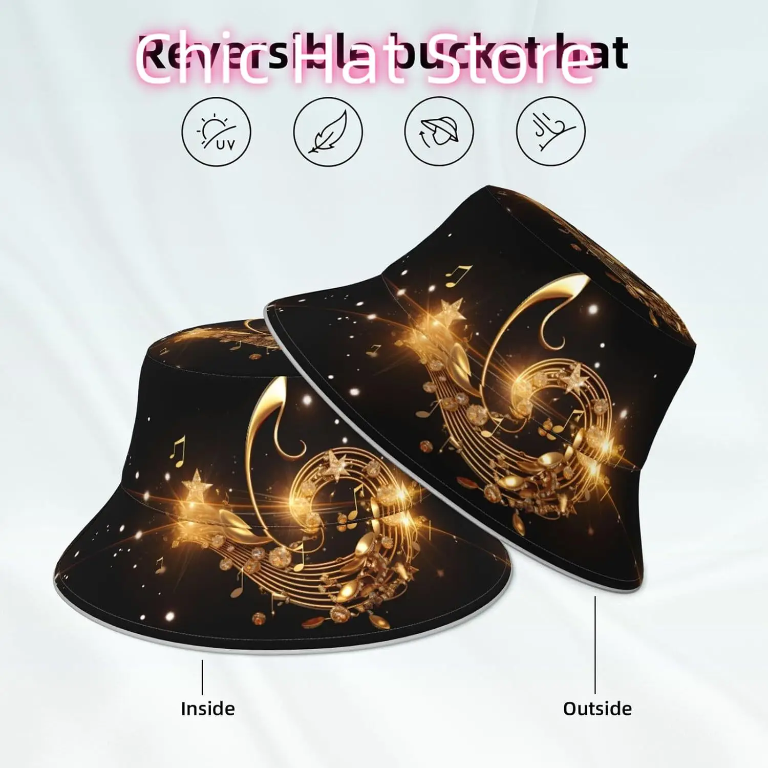 Gold Musical Note with Shiny Star Prints Reflective Bucket Hat for Men and Women - Protection Headwear for Outdoor Activities
