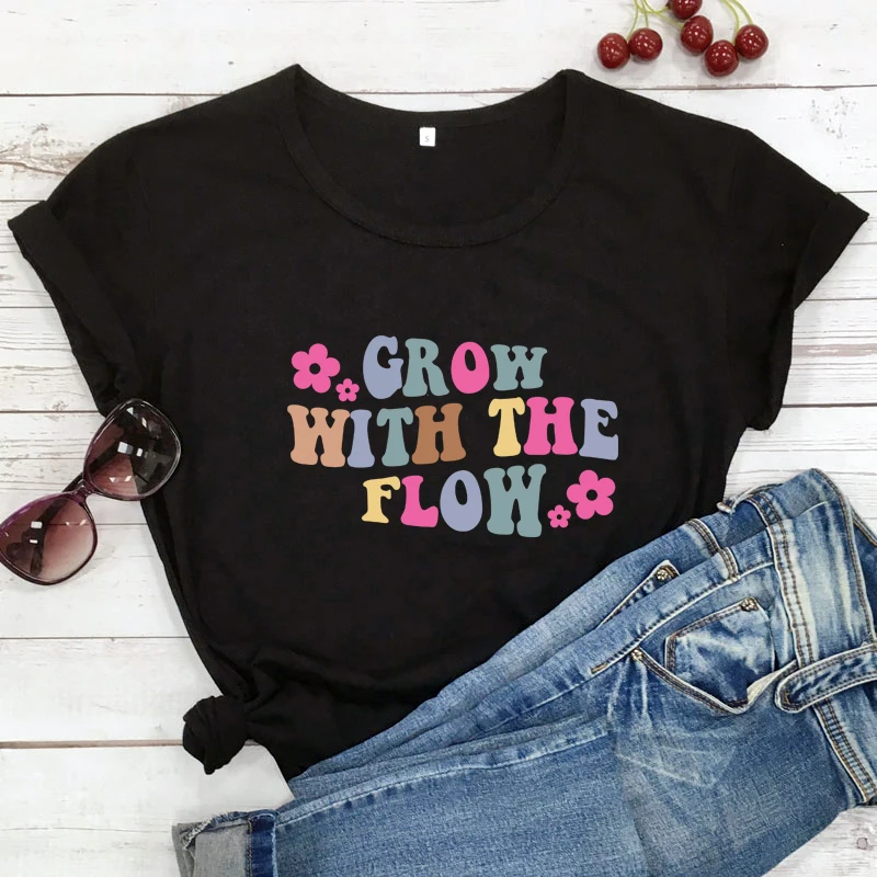 colored grow with the flow tshirt trendy women short sleeve boho flower Motivational tee shirt top