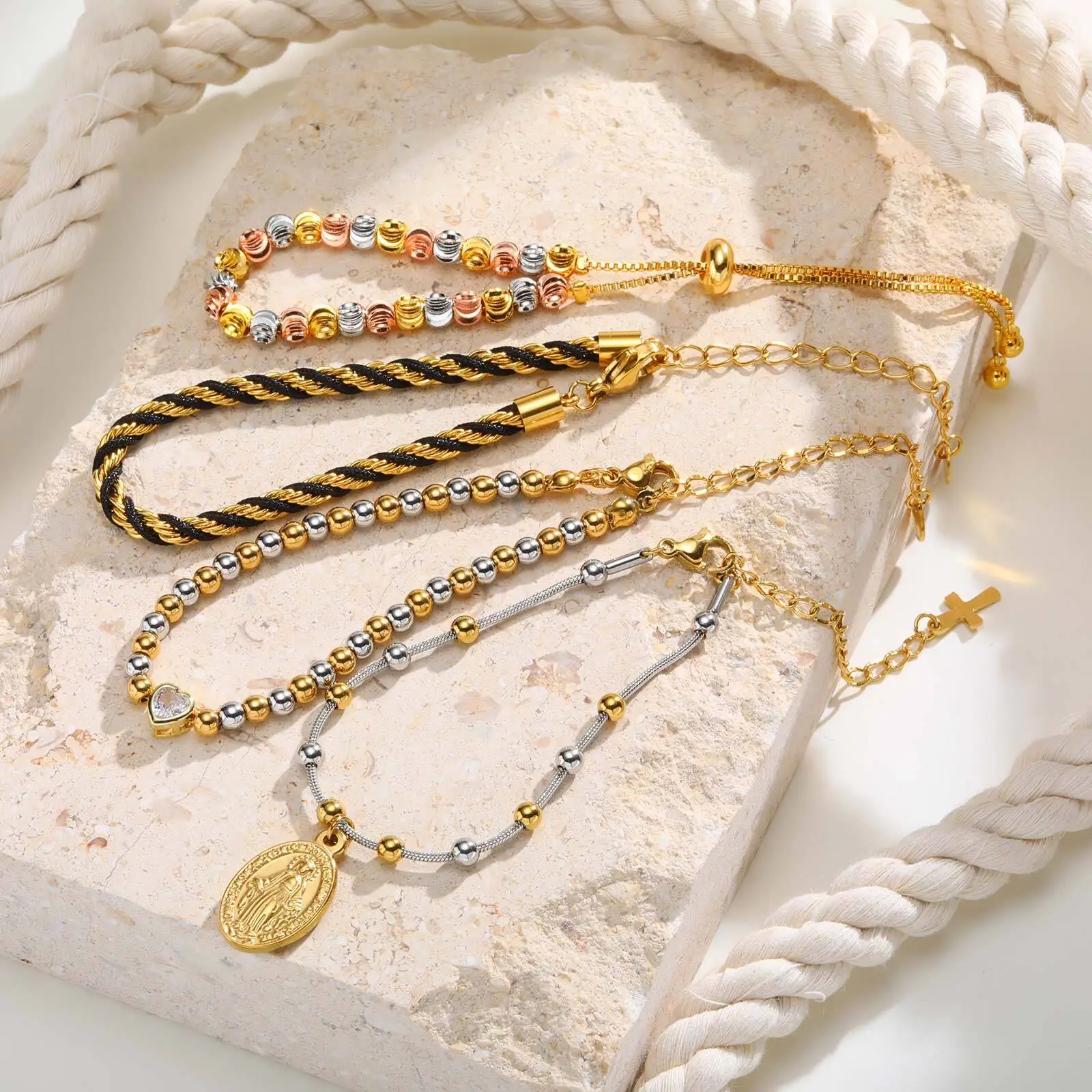 سوار سلسلة بلونين للنساء، وصلة معدنية مختلطة مكتنزة، مجوهرات مقاومة للماء من الفولاذ المقاوم للصدأ، سوار معصم أنيق قابل للتعديل