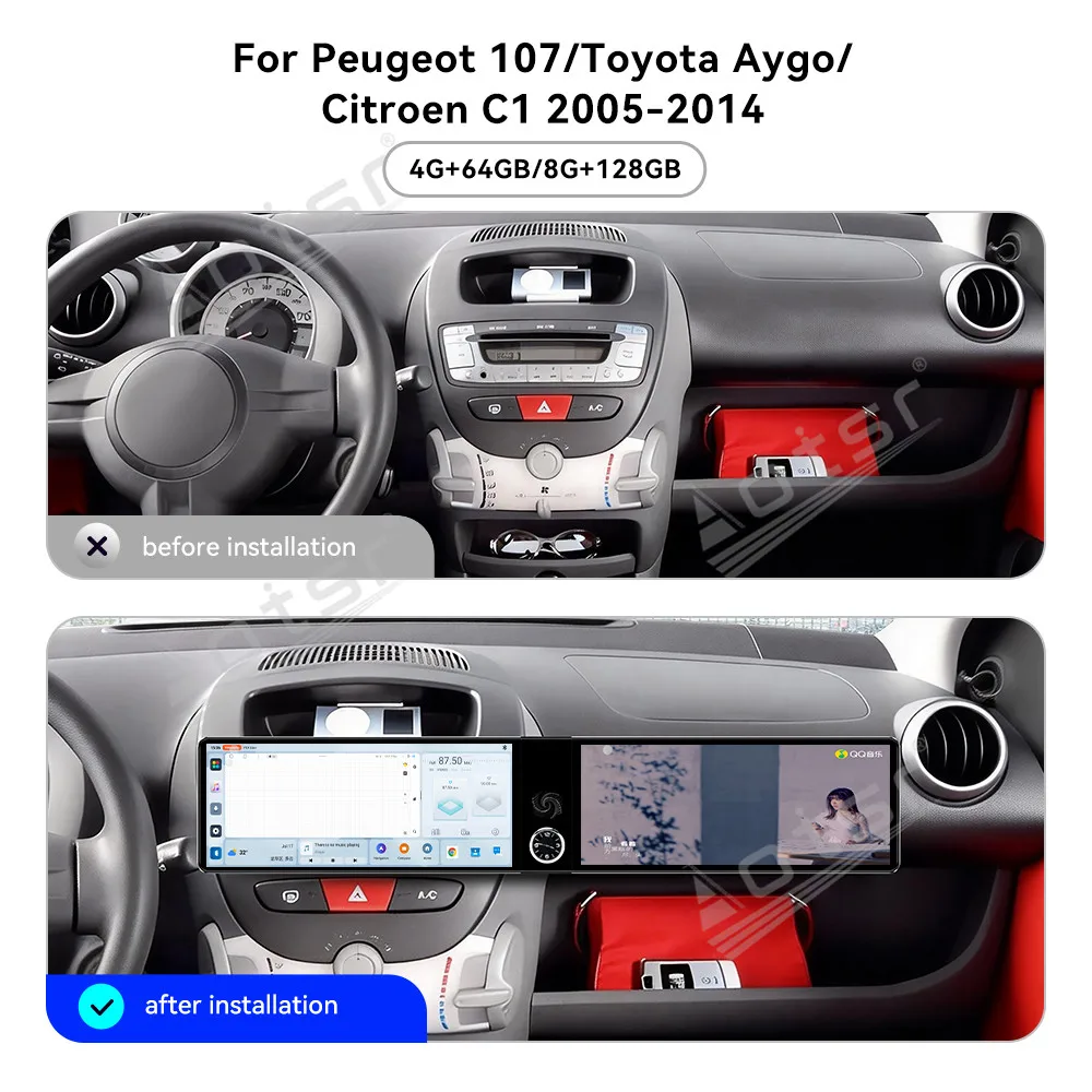 For Peugeot 107 Citroen C1 Toyota Aygo 2005-2014 12.3'' Screen Car Radio Car Multimedia Video Player GPS Navigation Carplay Unit