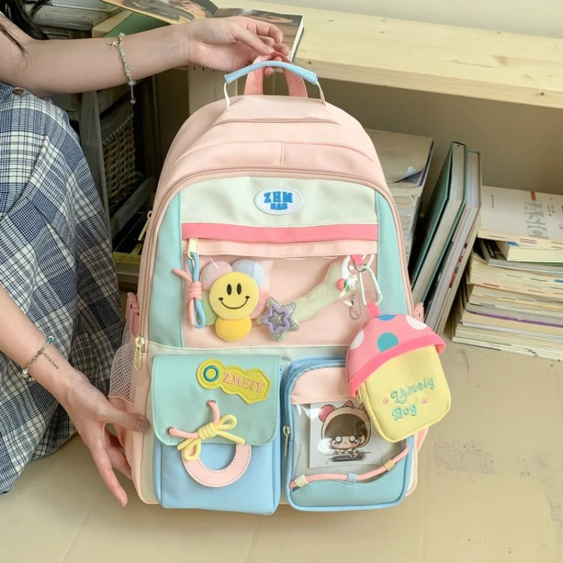 2025Summer Zipper One Size Sweet Cool Colorful Nylon Patchwork Backpack Multi-Pocket Layered Portable Backpack