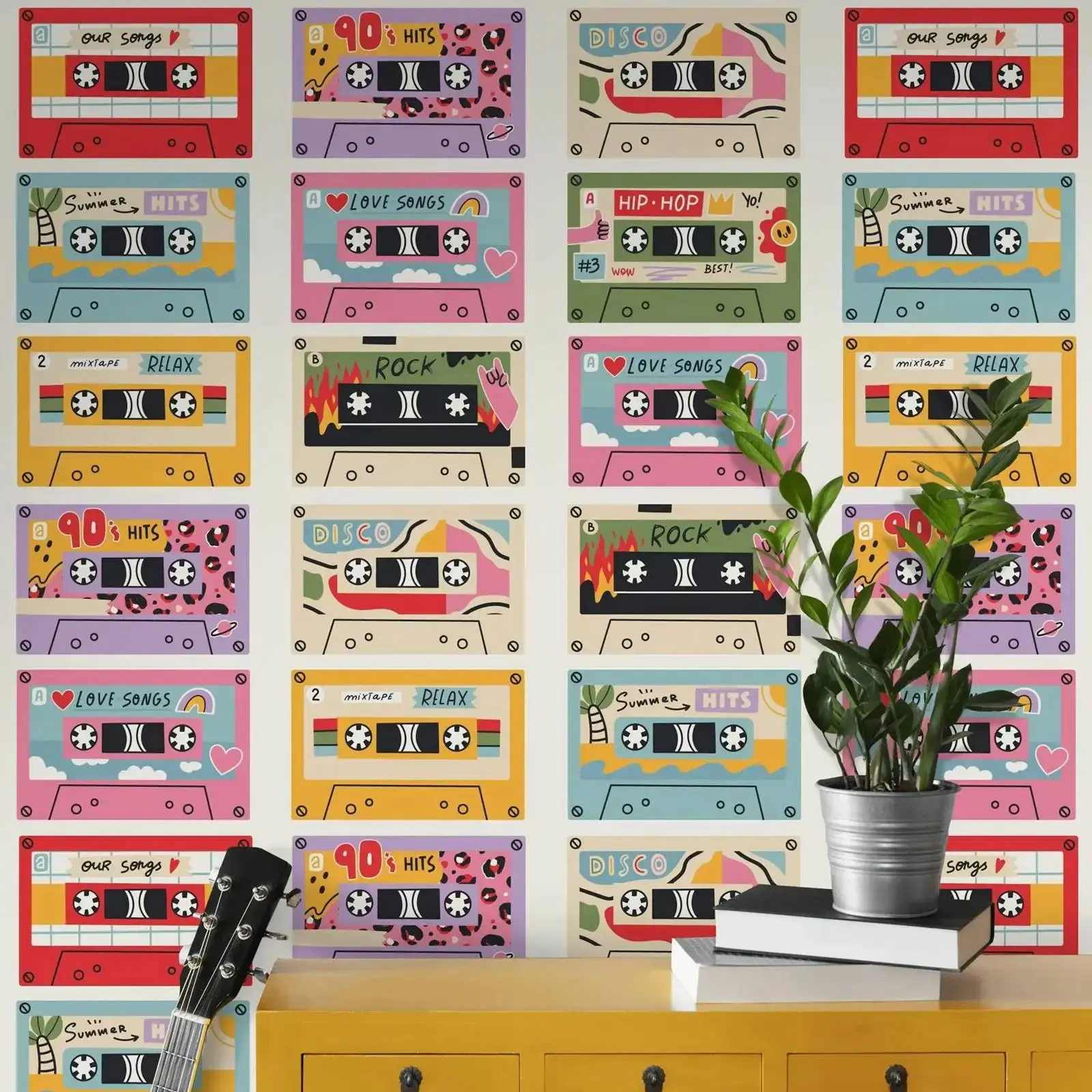 لفة ورق حائط بشريط صوتي عتيق، ورق حائط بنمط ملون للديكور المنزلي، جدارية جدارية غير منسوجة أو ذاتية اللصق تقليدية #1