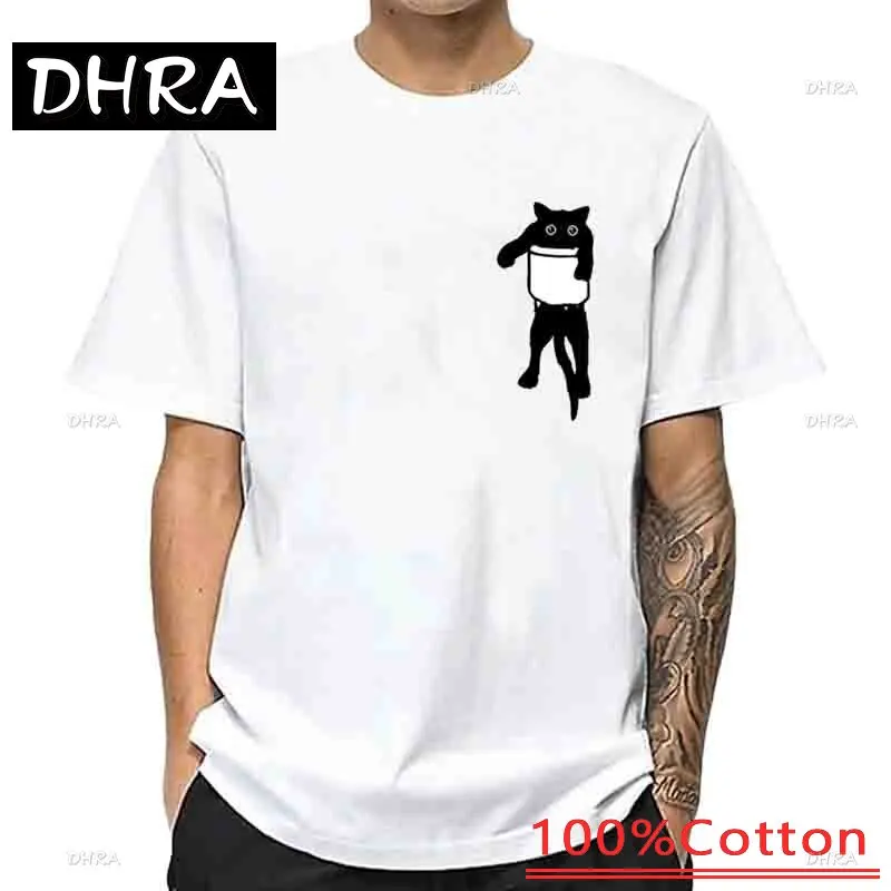

Men's High Quality T-shirt 100% Cotton Print Summer Loose Cool O-neck T Shirt for Men Short Sleeve Male Tees Funny Pocket Cat