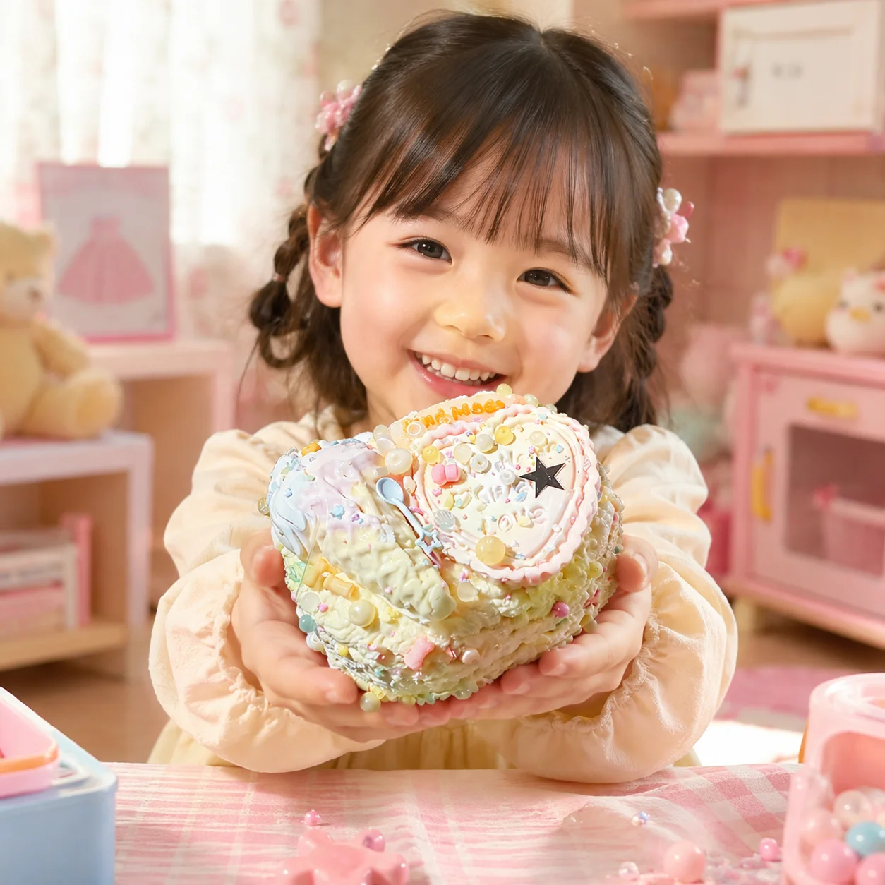 Heart Shaped Cream Cake Mochi Squishy Toy Food Grade TPR Soft Dessert Squeeze Toy Candy Bead Star Decor Stress Relief Fidget Toy