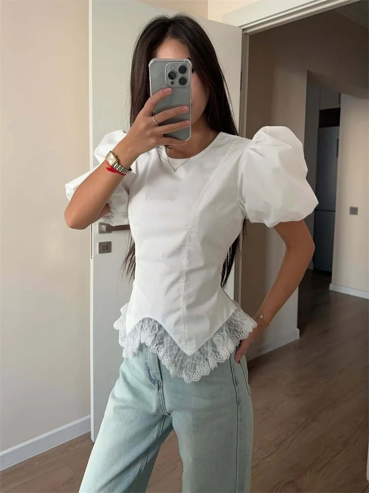 

Tossy White Lace Lace-Up Shirts Top Women Short Sleeve Fashion Patchwork Slim Skinny Elegant Top Female Bandage Casual Blouse