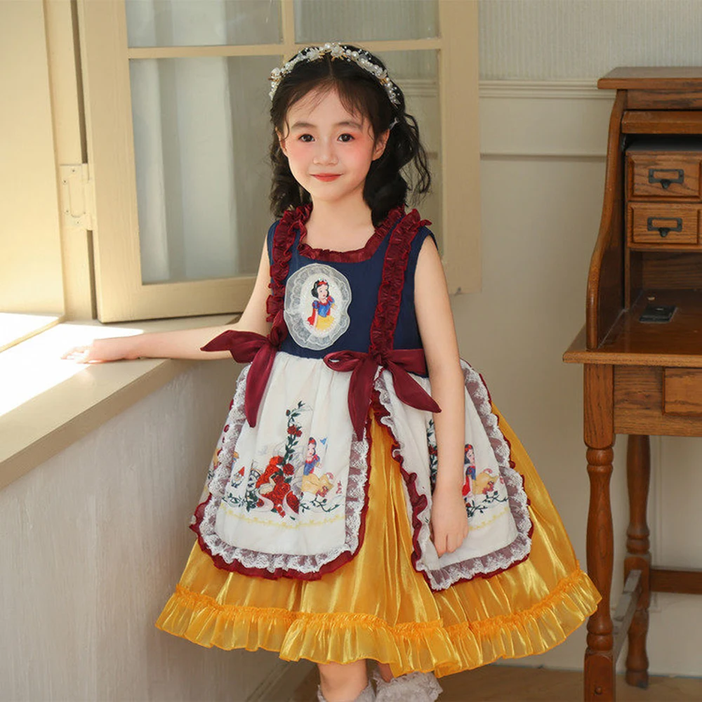 

Детское платье Белоснежки Диснея, лоскутное платье с бантом, кружевное плиссированное платье-жилет, модные великолепные комплектные платья для девочек, новинка