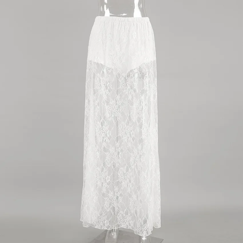 FDEY Women Black Y2k Lace Long Skirt Sexy See-Through High Waist A-Line Maxi Skirt for Beach Vacation Club Streetwear Summer